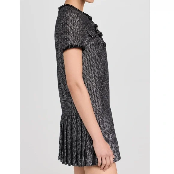 Self Portrait NEW Metallic Boucle Rhinestone Button Pleated Hem Mini Dress US 12 - Picture 8 of 14